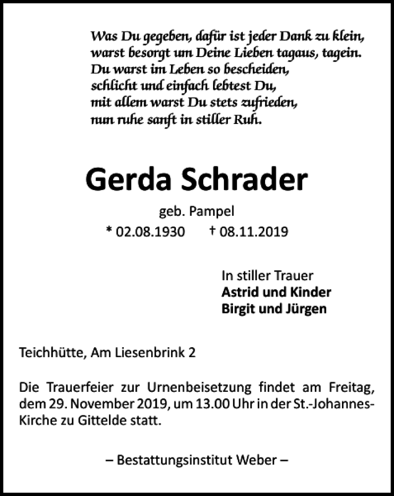 Traueranzeigen von Gerda Schrader | Harztrauer.de