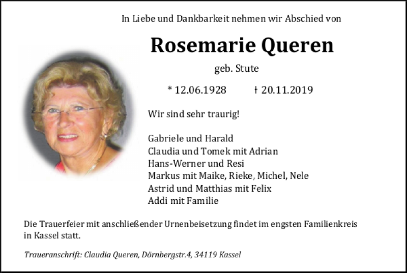  Traueranzeige für Rosemarie Queren vom 07.12.2019 aus Harz Kurier