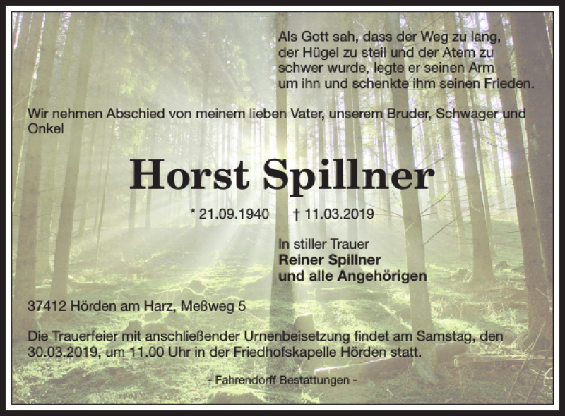 Traueranzeigen Von Horst Spillner | Harztrauer.de