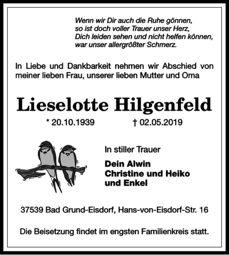 Traueranzeigen Von Lieselotte Hilgenfeld | Harztrauer.de