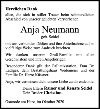 Traueranzeigen von Anja Neumann | Harztrauer.de