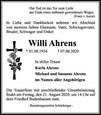 Traueranzeigen von Willi Ahrens | Harztrauer.de