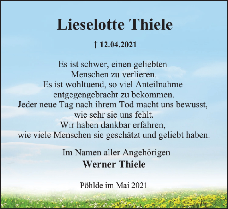 Traueranzeigen Von Lieselotte Thiele | Harztrauer.de