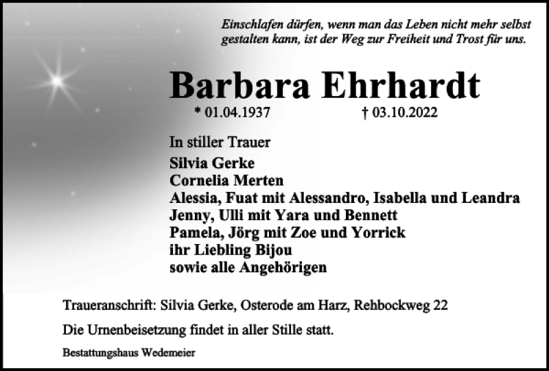  Traueranzeige für Barbara Ehrhardt vom 15.10.2022 aus Harz Kurier