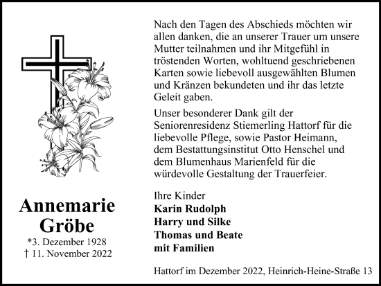 Traueranzeige von Annemarie Gröbe von Harz Kurier