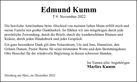 Traueranzeige von Edmund Kumm von Harz Kurier