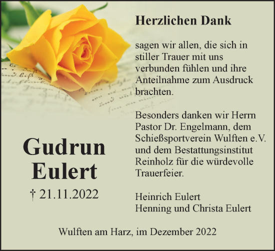 Traueranzeige von Gudrun Eulert von Harz Kurier