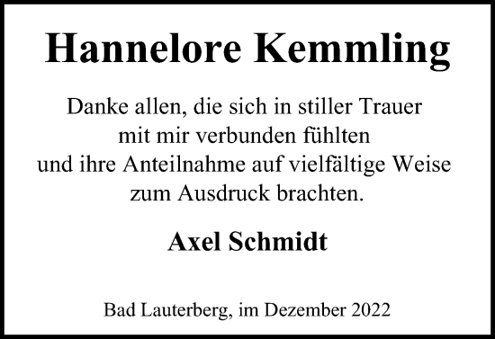 Traueranzeige von Hannelore Kemmling von Harz Kurier