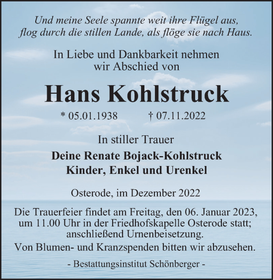 Traueranzeige von Hans Kohlstruck von Harz Kurier