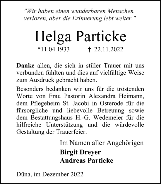 Traueranzeige von Helga Particke von Harz Kurier