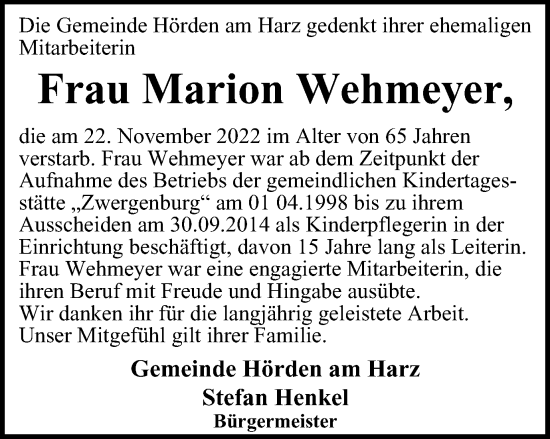 Traueranzeige von Marion Wehmeyer von Harz Kurier