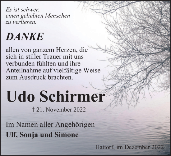 Traueranzeige von Udo Schirmer von Harz Kurier