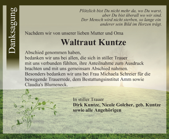 Traueranzeige von Waltraut Kuntze von Harz Kurier