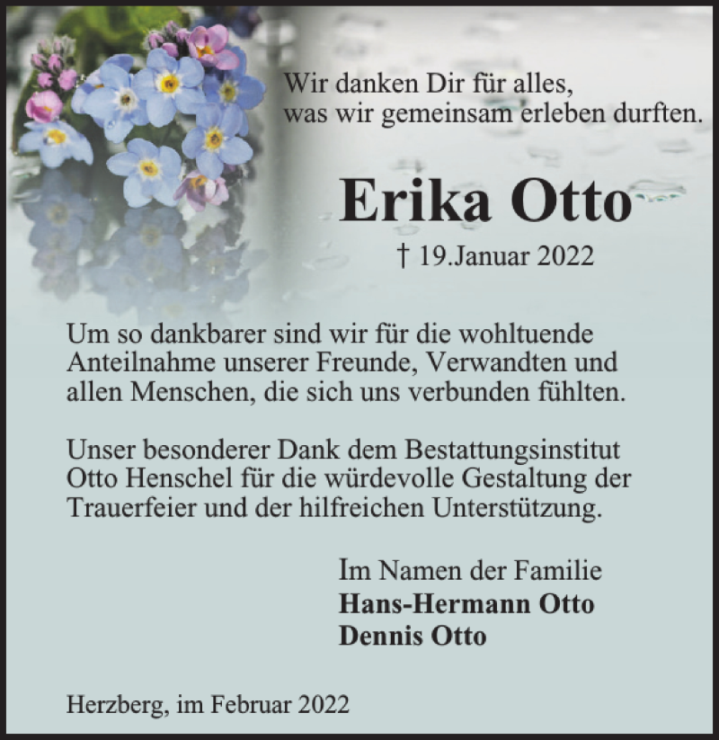 Traueranzeigen Von Erika Otto | Harztrauer.de