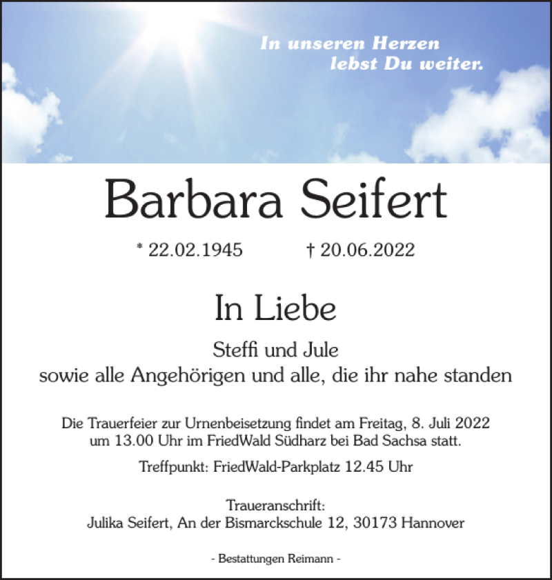  Traueranzeige für Barbara Seifert vom 25.06.2022 aus Harz Kurier