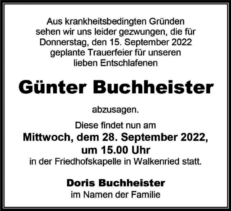  Traueranzeige für Günter Buchheister vom 14.09.2022 aus Harz Kurier