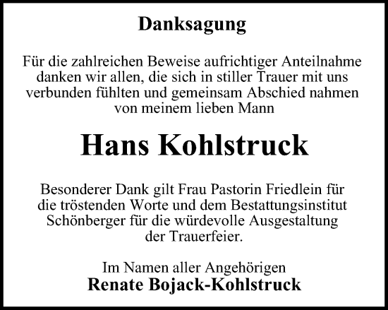 Traueranzeige von Hans Kohlstruck von Harz Kurier