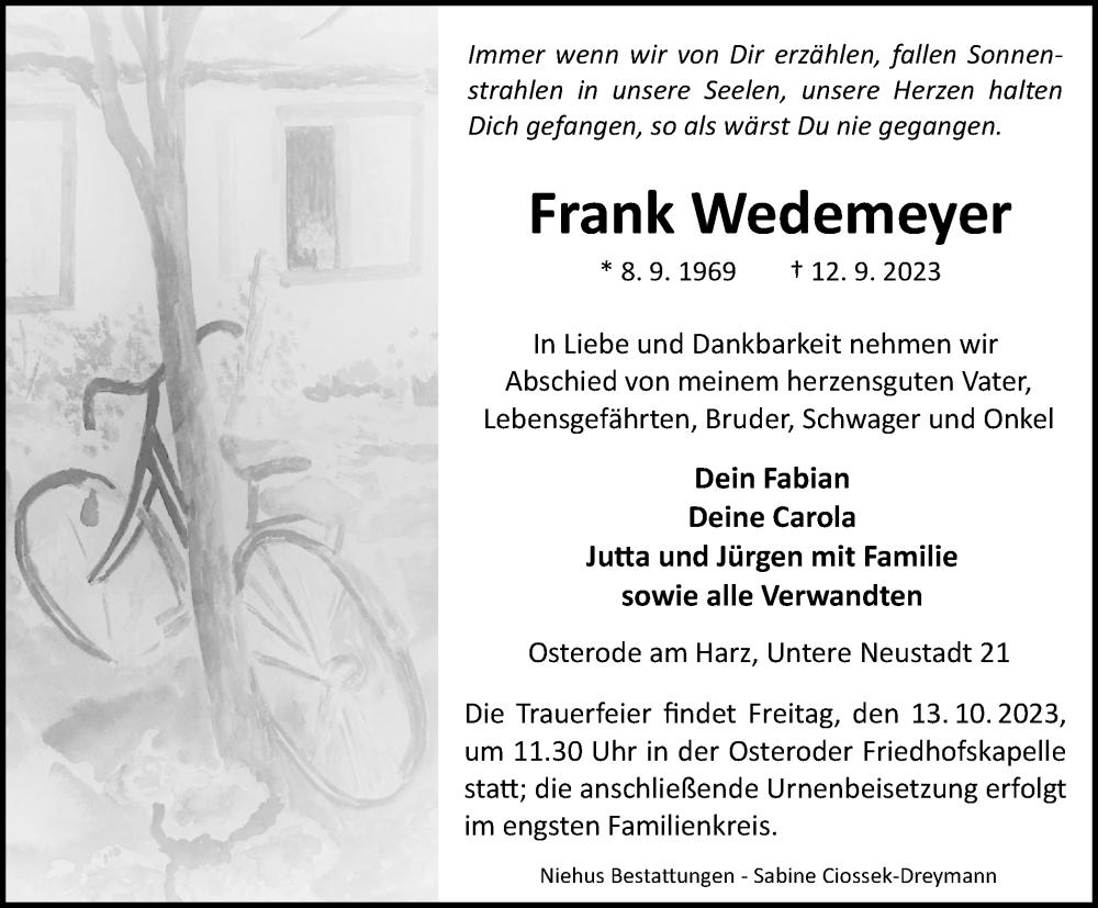  Traueranzeige für Frank Wedemeyer vom 07.10.2023 aus Harz Kurier