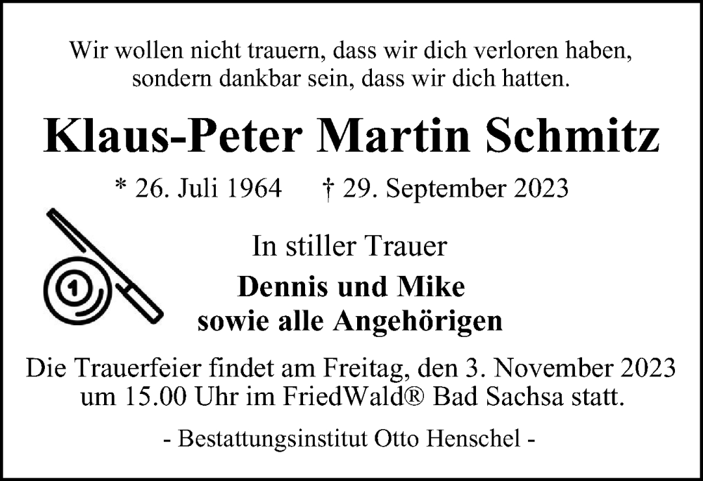  Traueranzeige für Klaus-Peter Martin Schmitz vom 14.10.2023 aus Harz Kurier