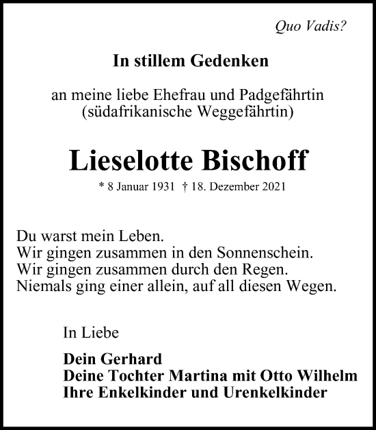 Traueranzeigen Von Lieselotte Bischoff | Harztrauer.de