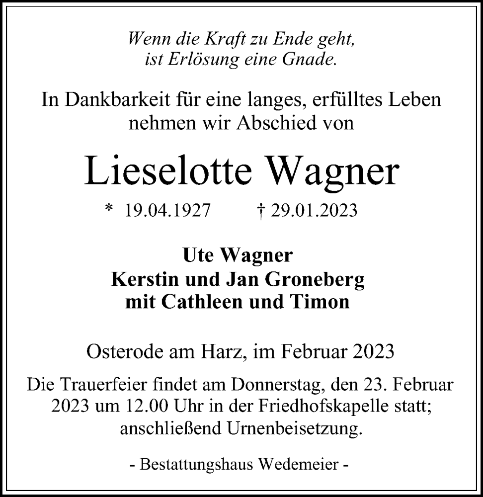 Traueranzeigen Von Lieselotte Wagner | Harztrauer.de