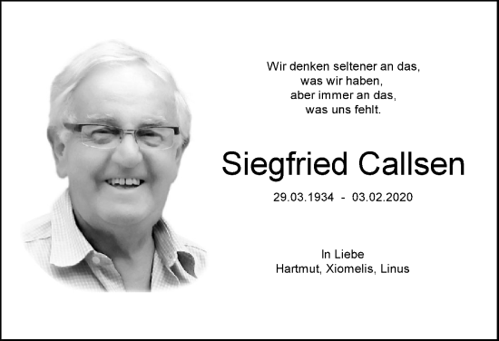 Traueranzeige von Siegfried Callsen von Harz Kurier