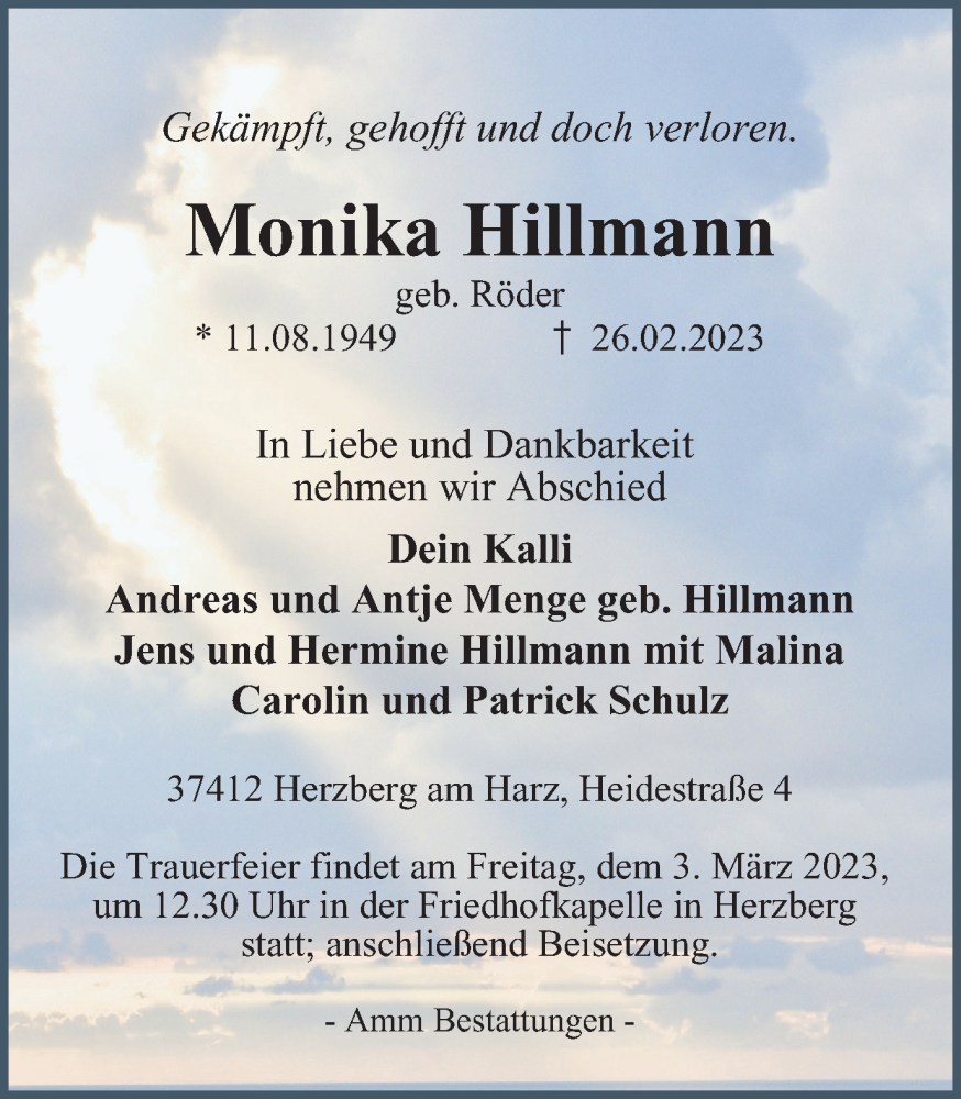  Traueranzeige für Monika Hillmann vom 01.03.2023 aus Harz Kurier