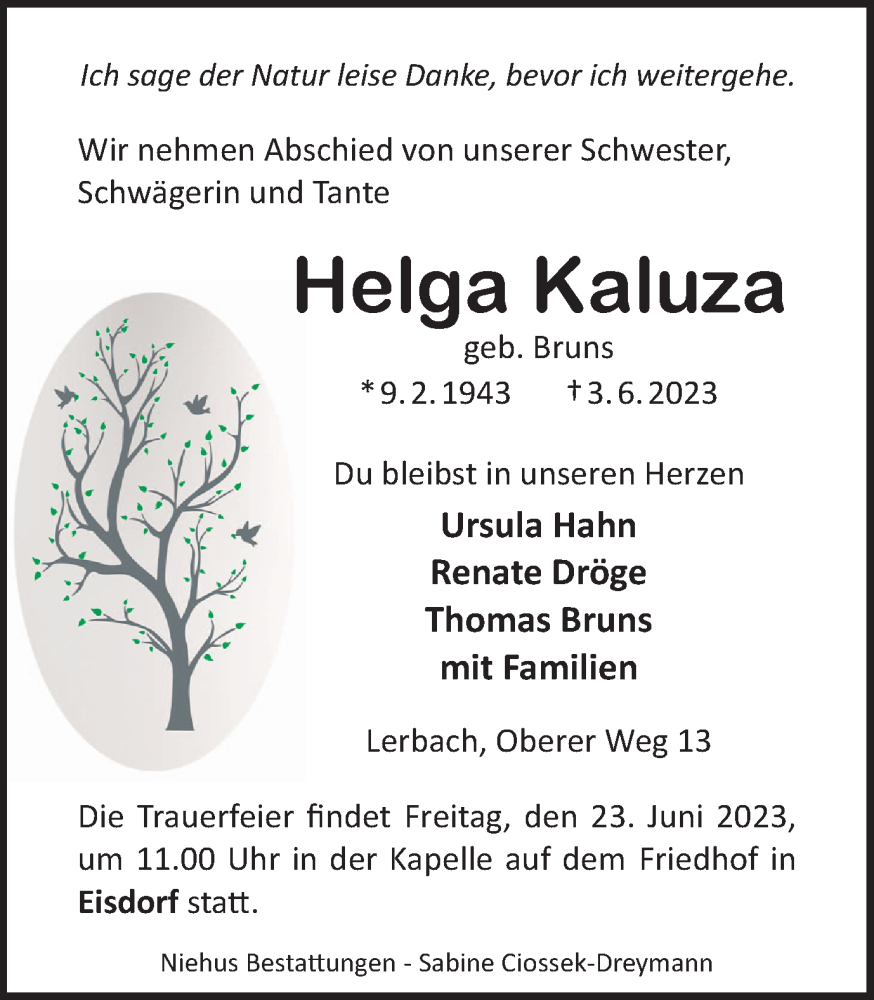 Traueranzeigen Von Helga Kaluza Harztrauerde 5885