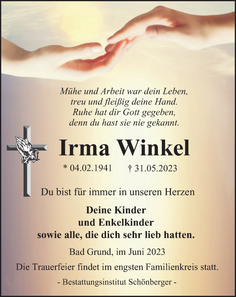  Traueranzeige für Irma Winkel vom 03.06.2023 aus Harz Kurier