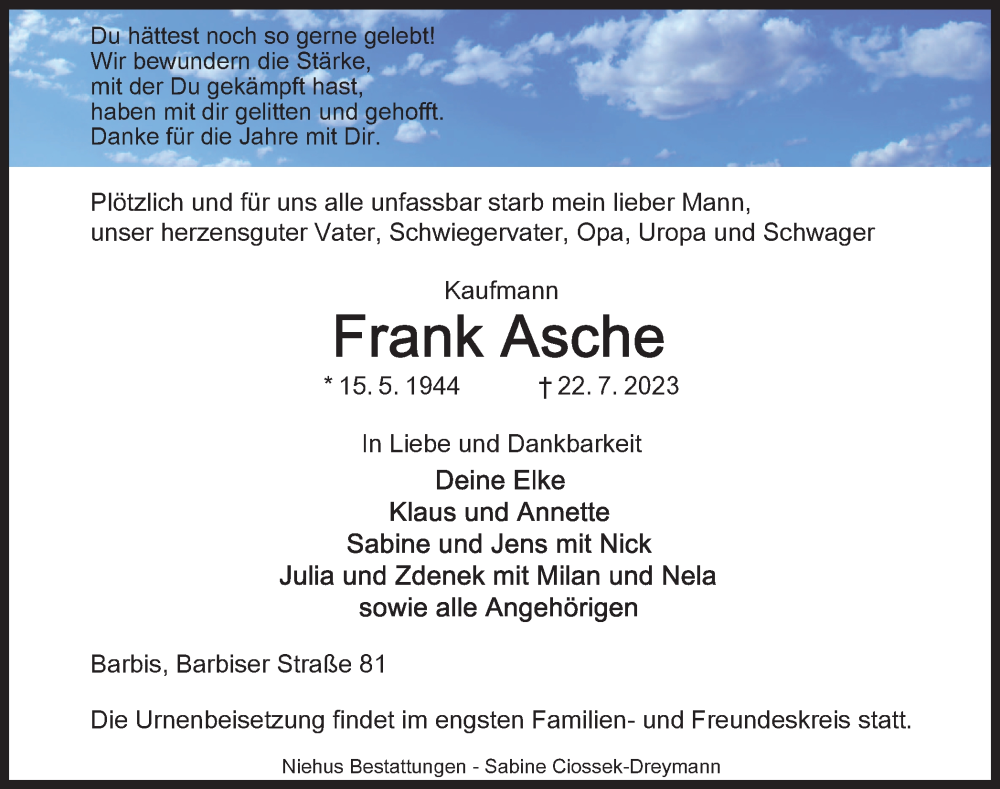  Traueranzeige für Frank Asche vom 29.07.2023 aus Harz Kurier