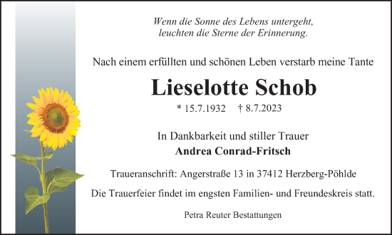 Traueranzeigen Von Lieselotte Schob | Harztrauer.de