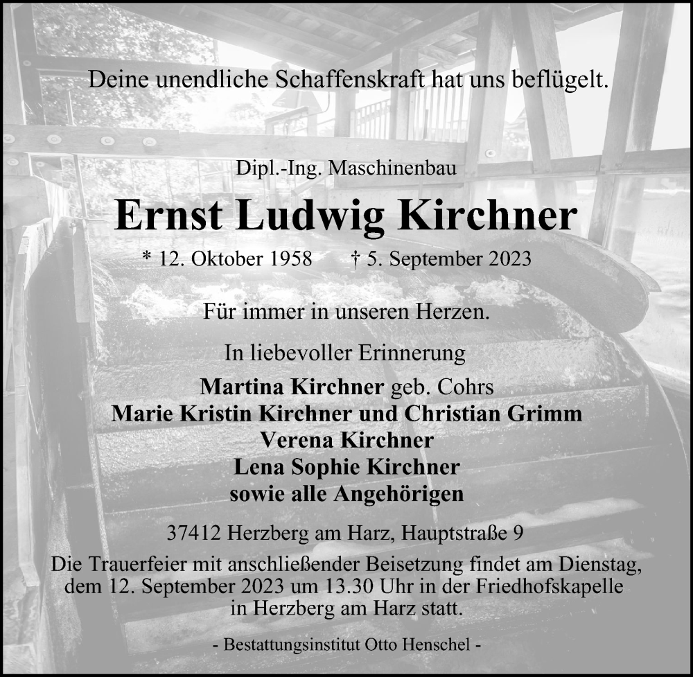  Traueranzeige für Ernst Ludwig Kirchner vom 09.09.2023 aus Harz Kurier