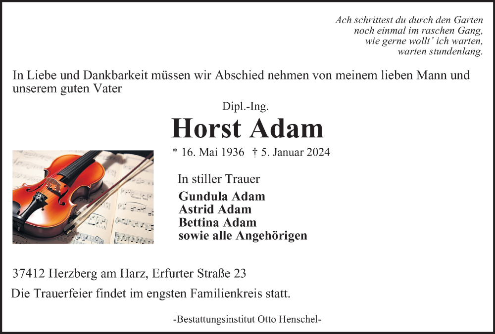  Traueranzeige für Horst Adam vom 13.01.2024 aus Harz Kurier