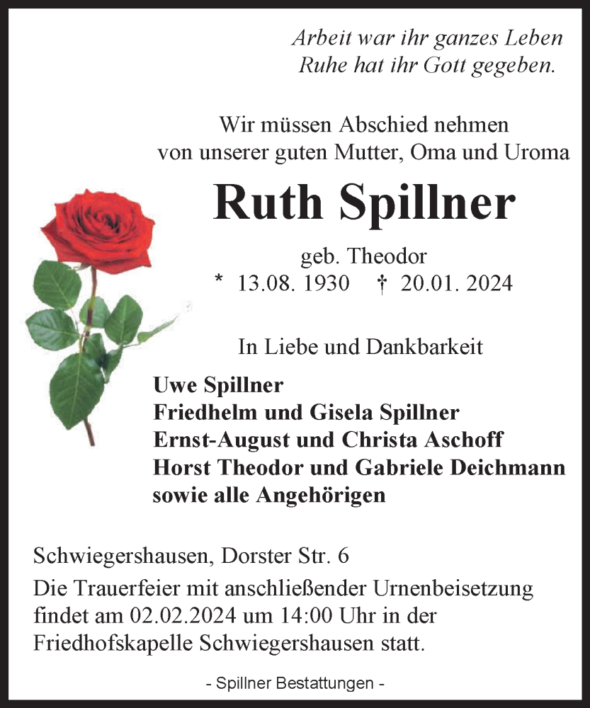 Traueranzeigen Von Ruth Spillner | Harztrauer.de