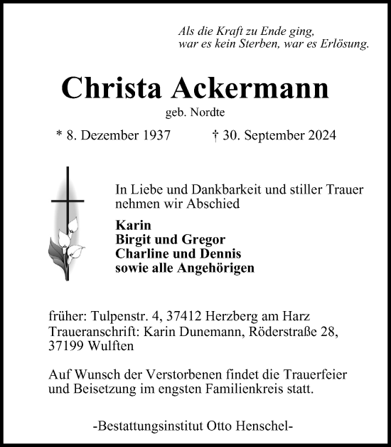 Traueranzeige von Christa Ackermann von Harz Kurier