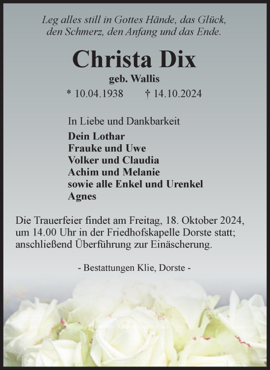 Traueranzeige von Christa Dix von Harz Kurier