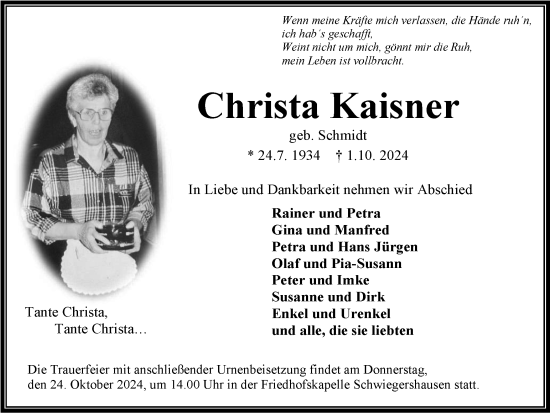 Traueranzeige von Christa Kaisner von Harz Kurier