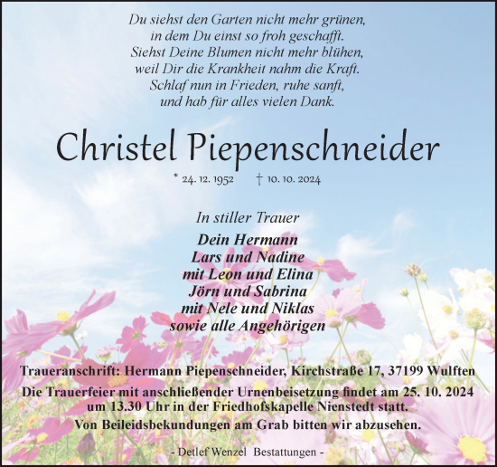 Traueranzeige von Christel Piepenschneider von Harz Kurier