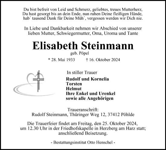 Traueranzeige von Elisabeth Steinmann von Harz Kurier