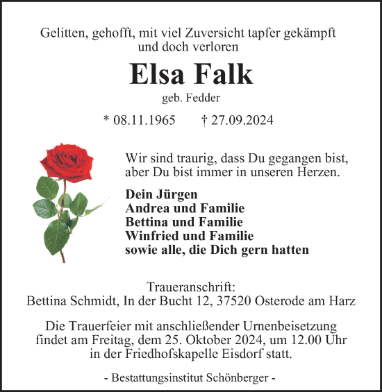 Traueranzeige von Elsa Falk von Harz Kurier