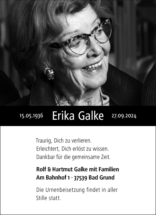 Traueranzeige von Erika Galke von Harz Kurier