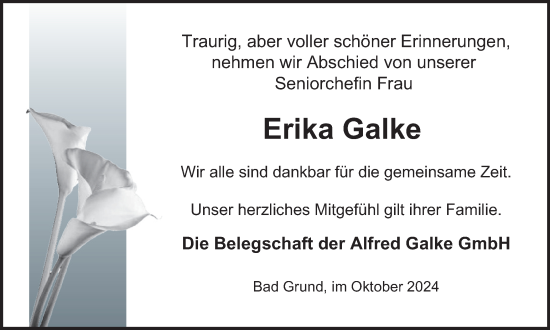 Traueranzeige von Erika Galke von Harz Kurier