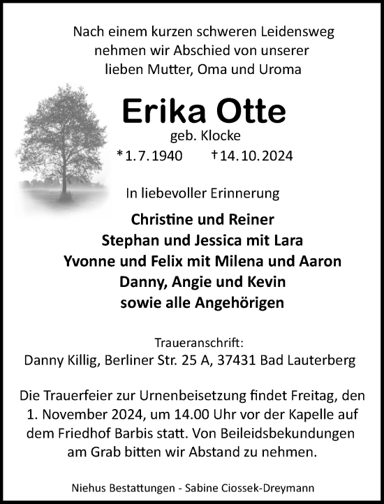 Traueranzeige von Erika Otte von Harz Kurier