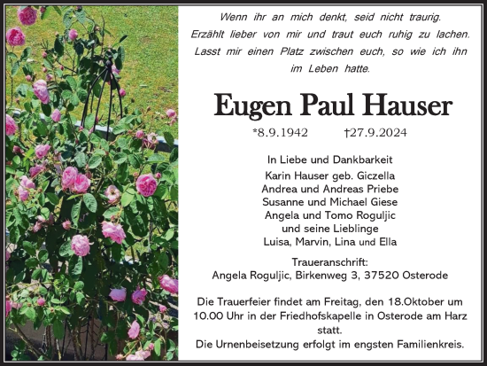 Traueranzeige von Eugen Paul Hauser von Harz Kurier