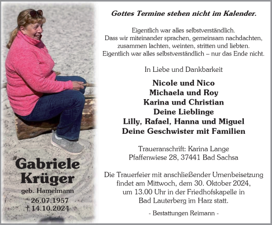 Traueranzeige von Gabriele Krüger von Harz Kurier