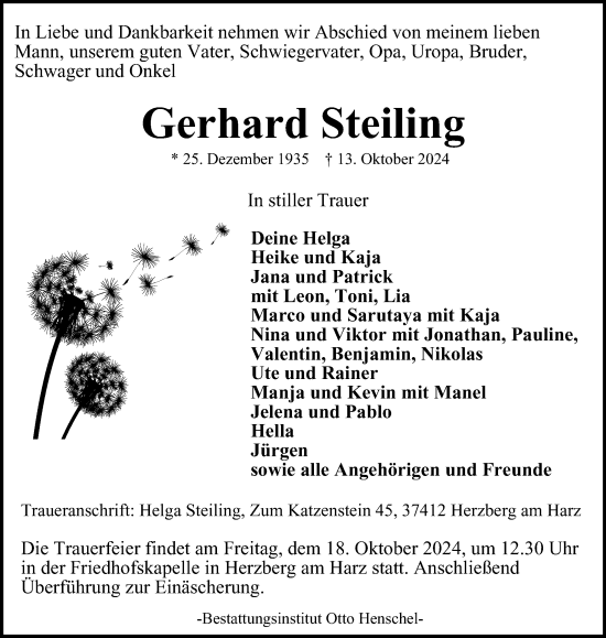 Traueranzeige von Gerhard Steiling von Harz Kurier