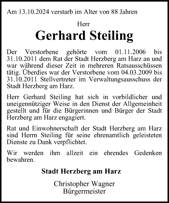 Traueranzeige von Gerhard Steiling von Harz Kurier