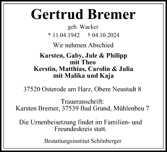 Traueranzeige von Gertrud Bremer von Harz Kurier