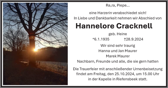 Traueranzeige von Hannelore Cracknell von Harz Kurier