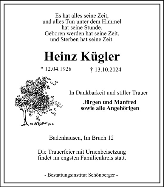 Traueranzeige von Heinz Kügler von Harz Kurier